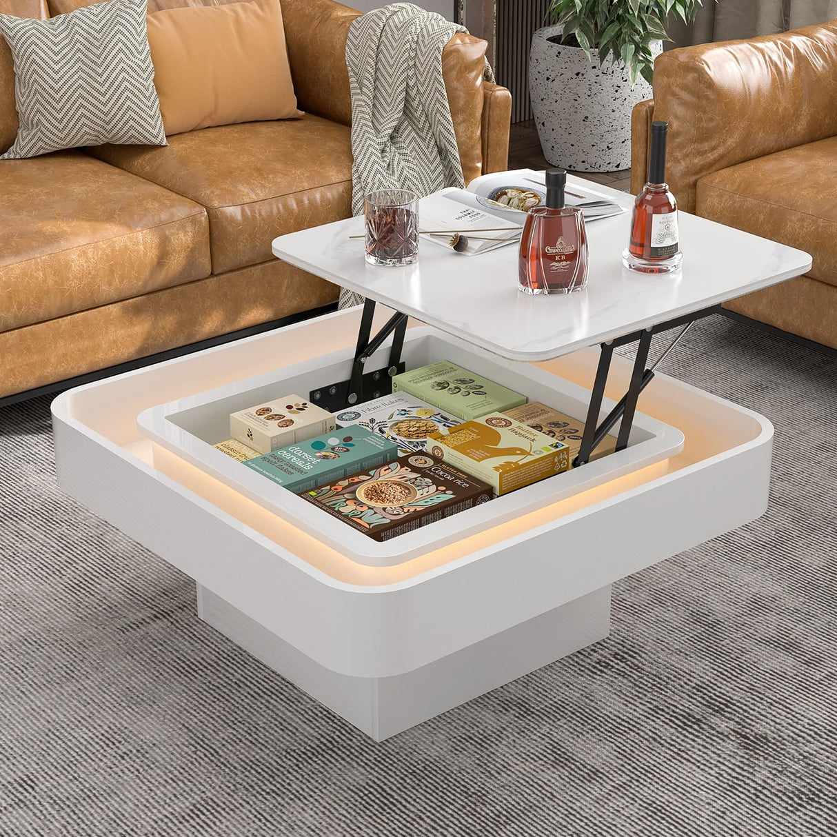 Modern LED Lift Top Coffee Table with Slate Desktop and 16 Colors LED Lights,