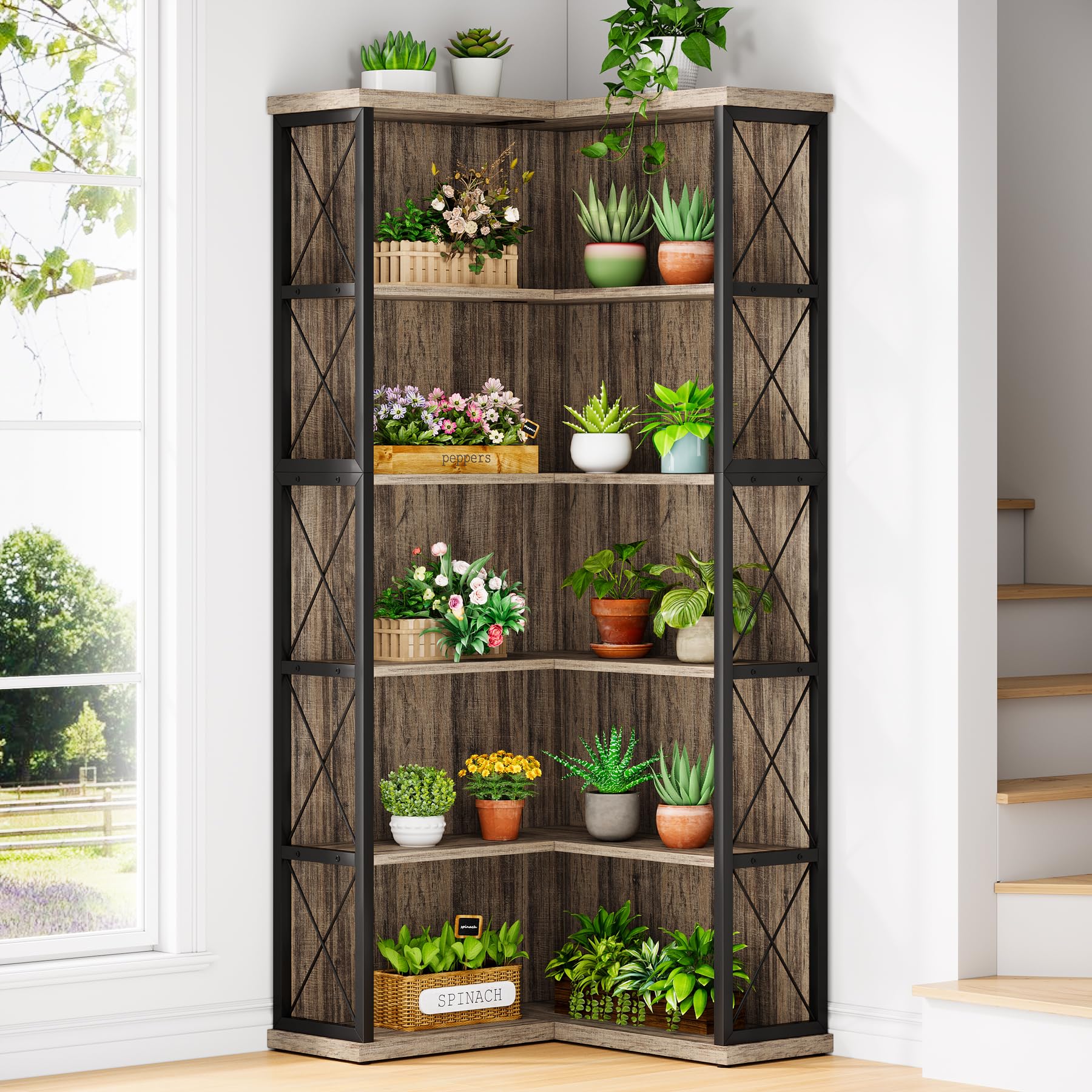 5-Tier L Shaped Bookshelf, Vintage Industrial Corner Bookcase