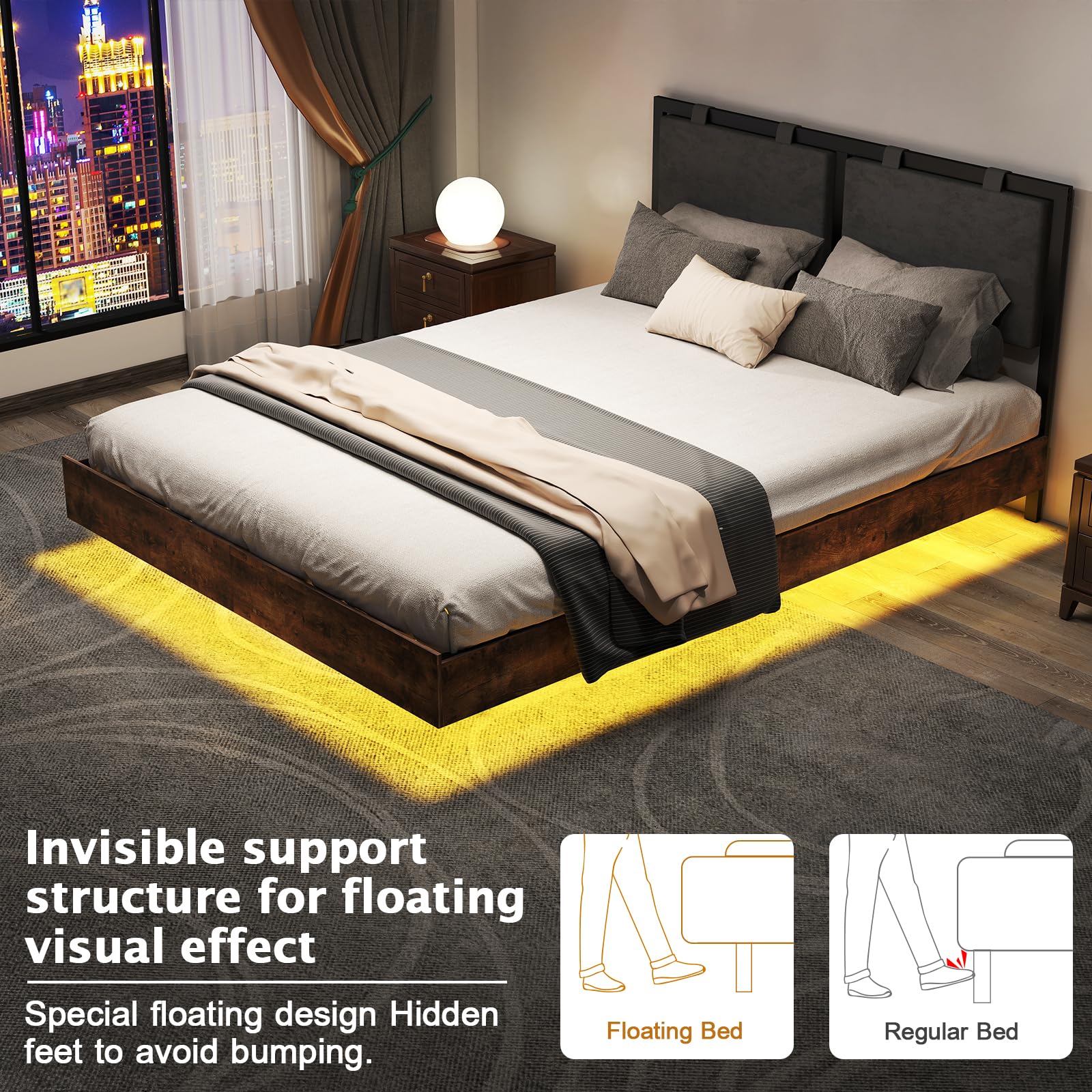 Floating Bed Frame Full with Velvet Upholstered Headboard, Metal Platform Bed Frame Full Size with LED Lights, Heavy Duty Steel Slats Support, No Box Spring Needed, Noise Free, Easy Assembly, Brown