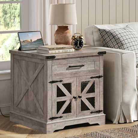 Farmhouse End Table with Charging Station, 24" Large Sofa Side Table