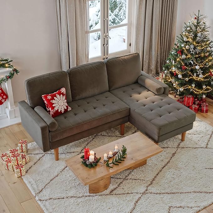Shaped Couch, Velvet L Shaped Sofa with Convertible Chaise, Sectional