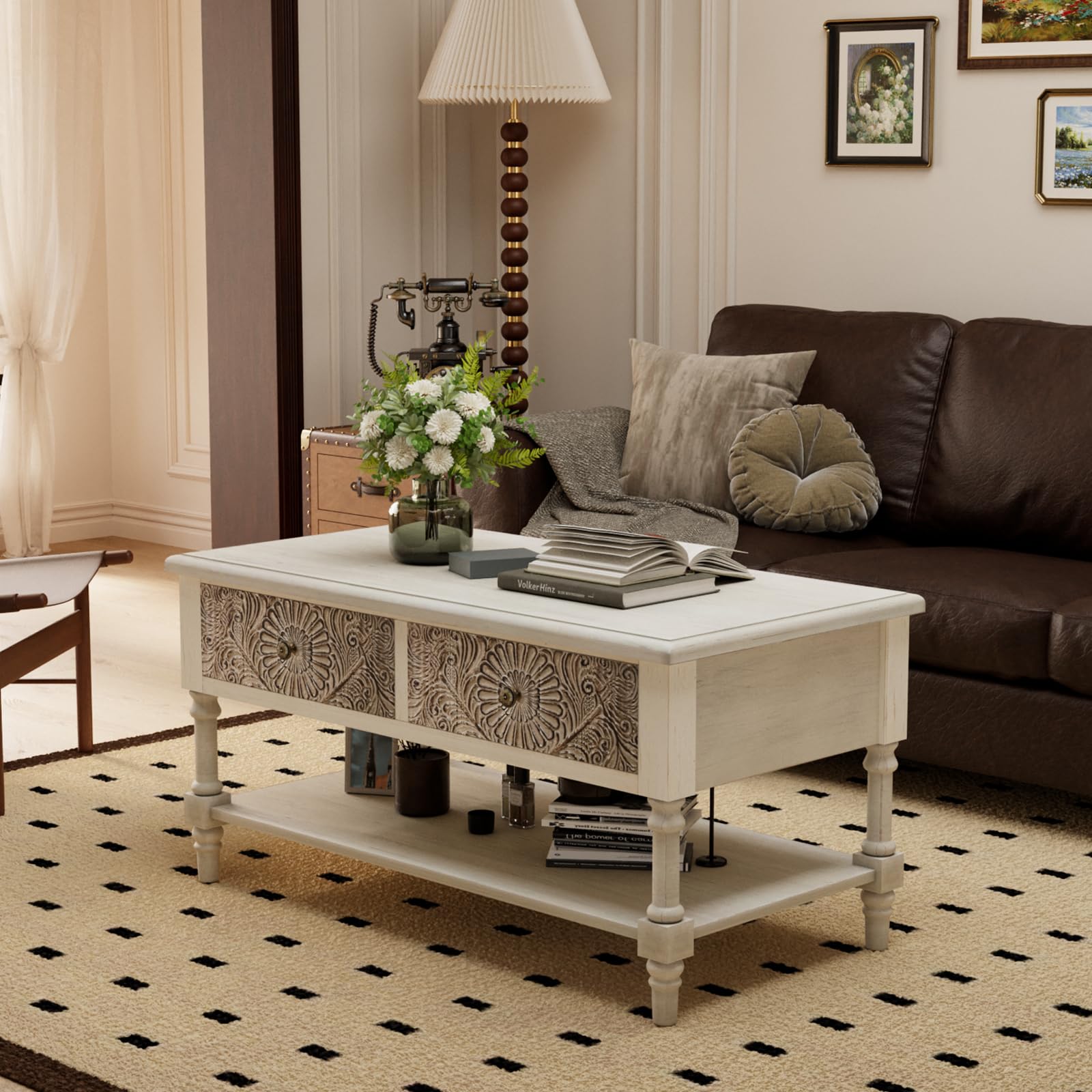 Vintage Coffee Table w Drawers, Farmhouse 2 Tier Small Wood Coffee Table with Solid Wood Legs,