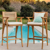 Set of 2 Outdoor Acacia Wood Bar Stools Bar Chairs for Patio, Pool