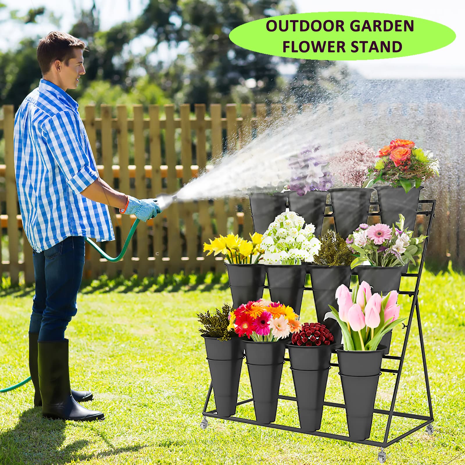 3-Tier Metal Flower Display Stand with Buckets