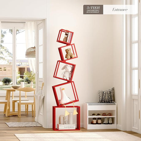 Bookshelf, 5-Tier Geometric Bookcase, 70.6" Tall Red Book Organizer,