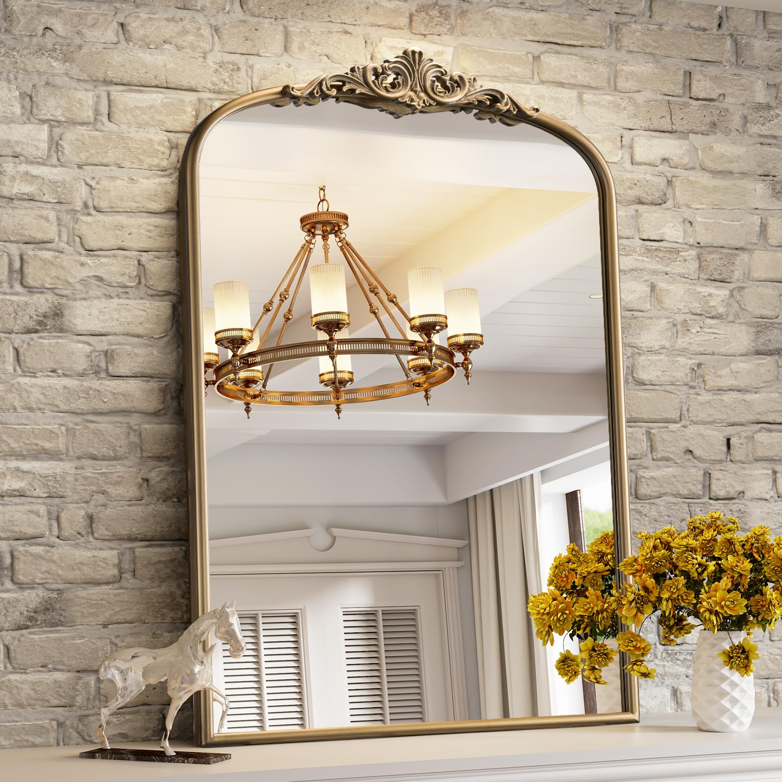 Arched Antique Wall Mirror, 30”x40” Vintage Gold Bathroom Vanity Mirror