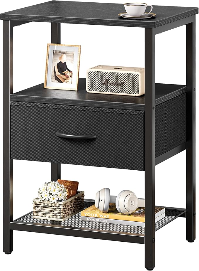 Night Stand with Fabric Drawer, Side Table with Mesh Shelf, Bedroom Nightstand