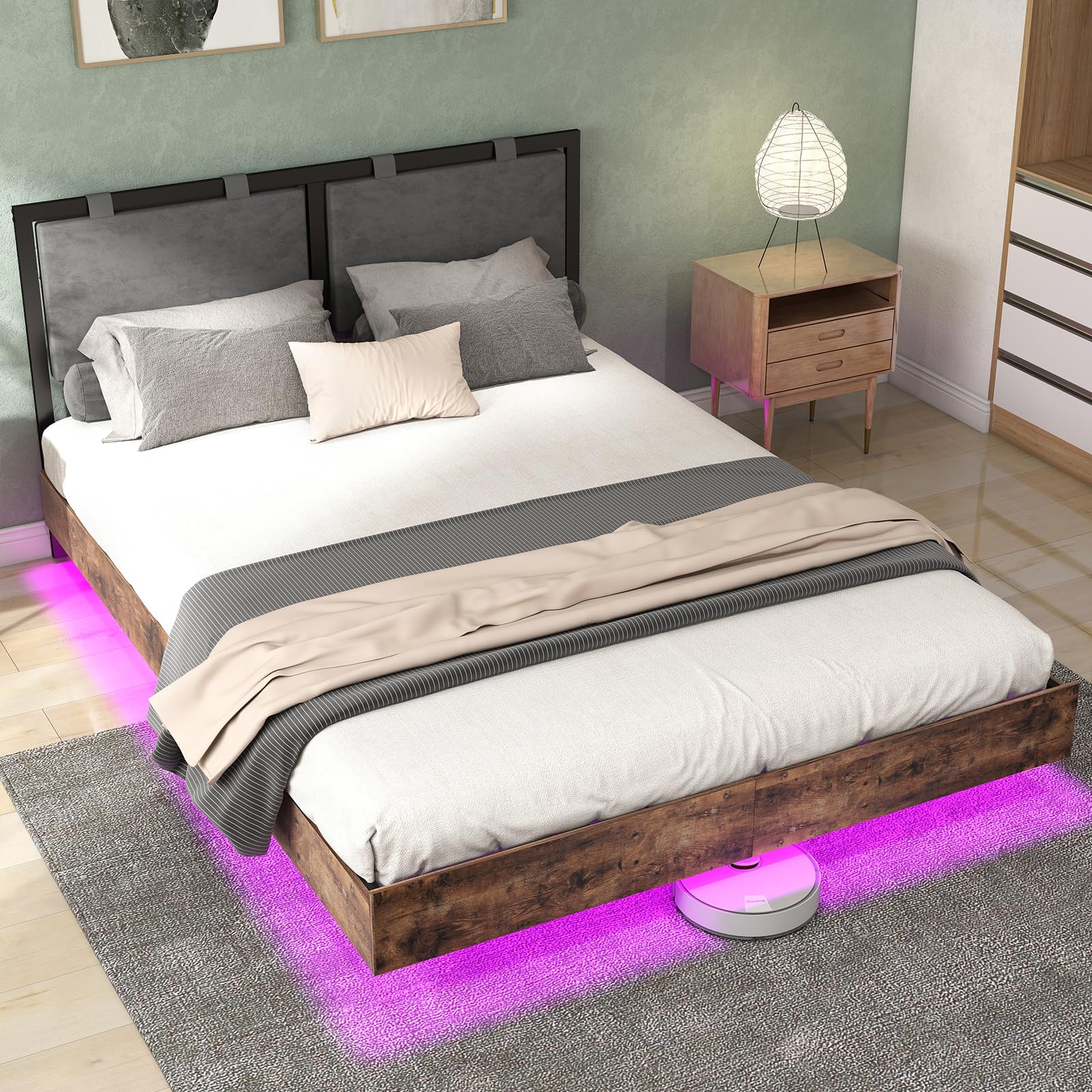 Floating Bed Frame Full with Velvet Upholstered Headboard, Metal Platform Bed Frame Full Size with LED Lights, Heavy Duty Steel Slats Support, No Box Spring Needed, Noise Free, Easy Assembly, Brown
