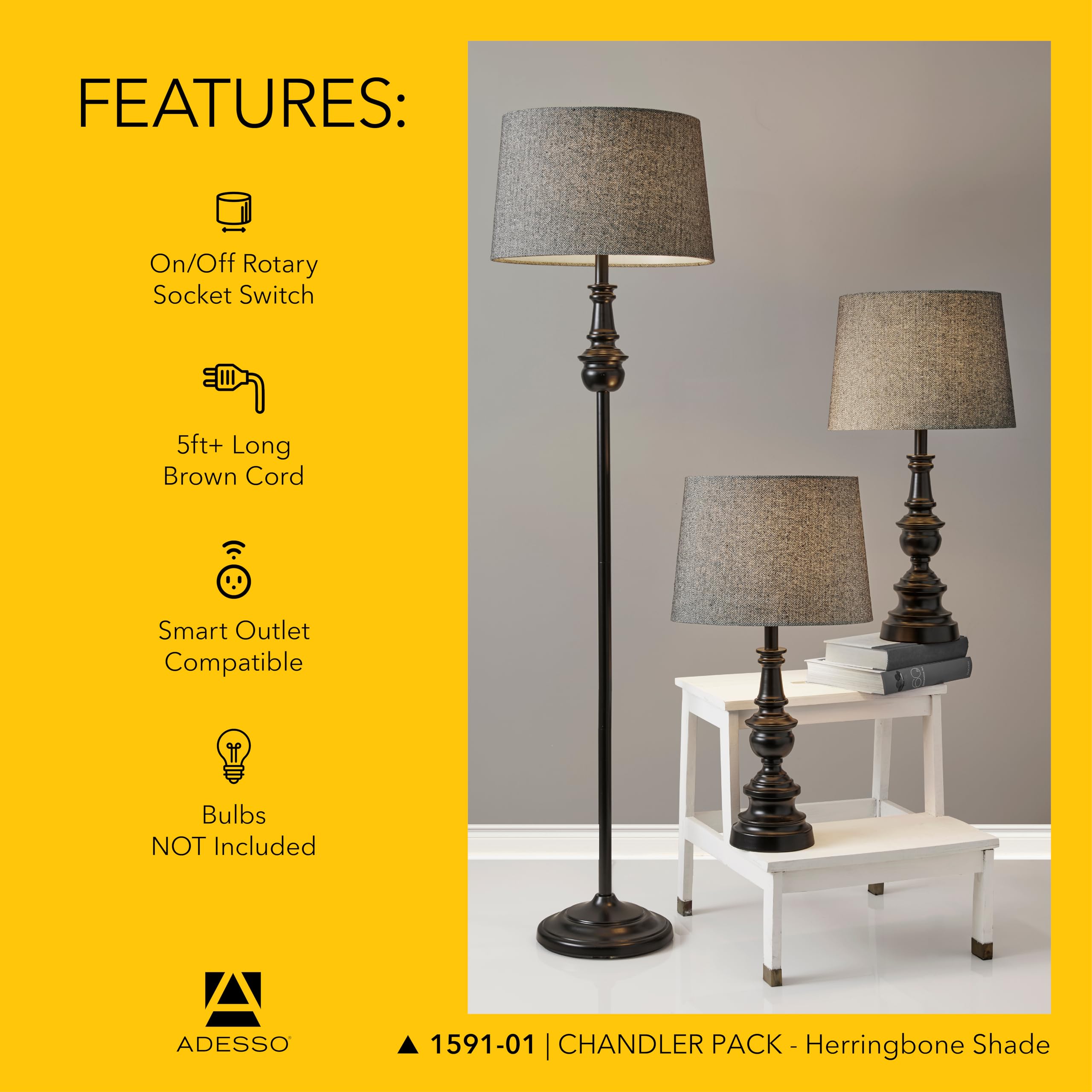 3-Piece Lamp Set with Bronze Base & Dark Herringbone Shade