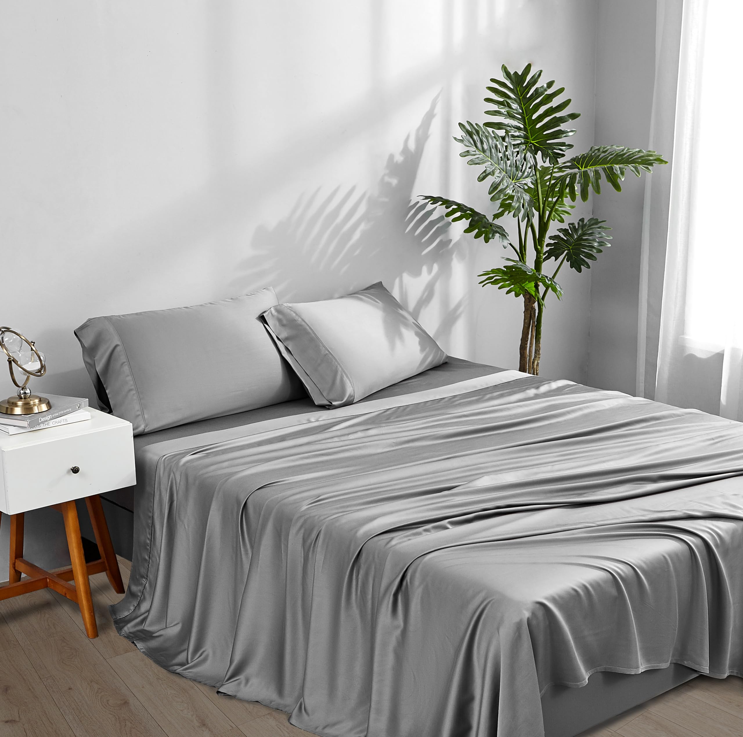 Cooling Sheets King Size Grey - Viscose Made from Bamboo, Luxury Hotel Sheet Set