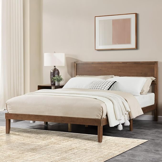 Wood Full Size Bed Frame, Mid Century Modern Platform Bed with Headboard