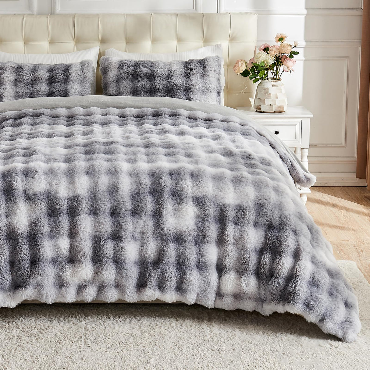 Fluffy Comforter Cover Set-Rabbit Fluff Faux Fur Duvet Cover King Size,Gray White