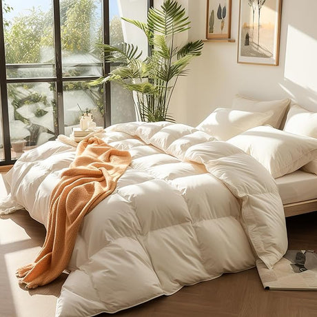 Down Comforter Queen Size, All Season Duvet Insert, Fluffy Feather Down Comforter, Bedding Comforter with 100% Cotton Cover - Machine Washable