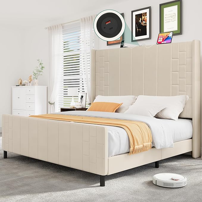 Queen Size Bed Frame Linen Fabric Upholstered Platform with Headboard and Strong Wooden Slats,