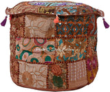 Indian Pouf Cover Cotton Patchwork Embroidered Ottoman Brown Floral Pouffe Seating