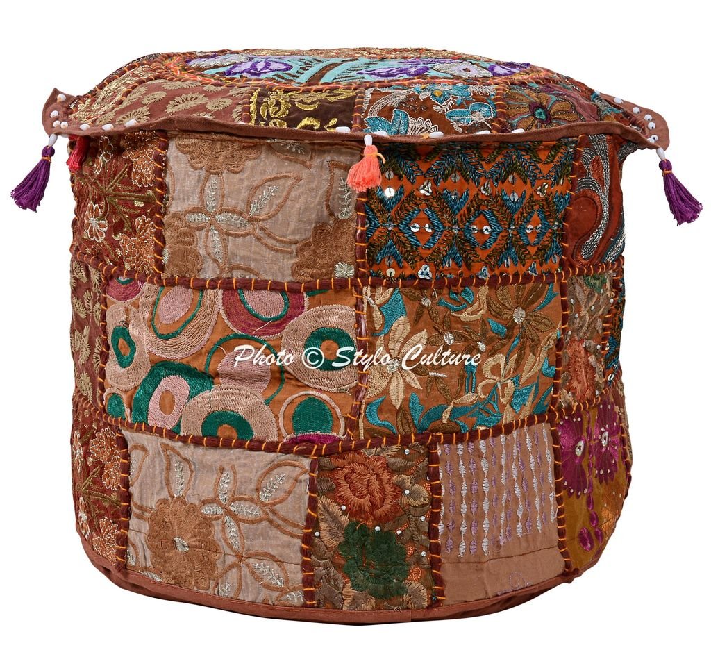 Indian Pouf Cover Cotton Patchwork Embroidered Ottoman Brown Floral Pouffe Seating