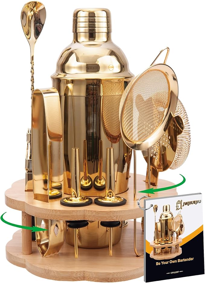 Cocktail Shaker Set Bartender Kit with Rotating Bamboo Stand