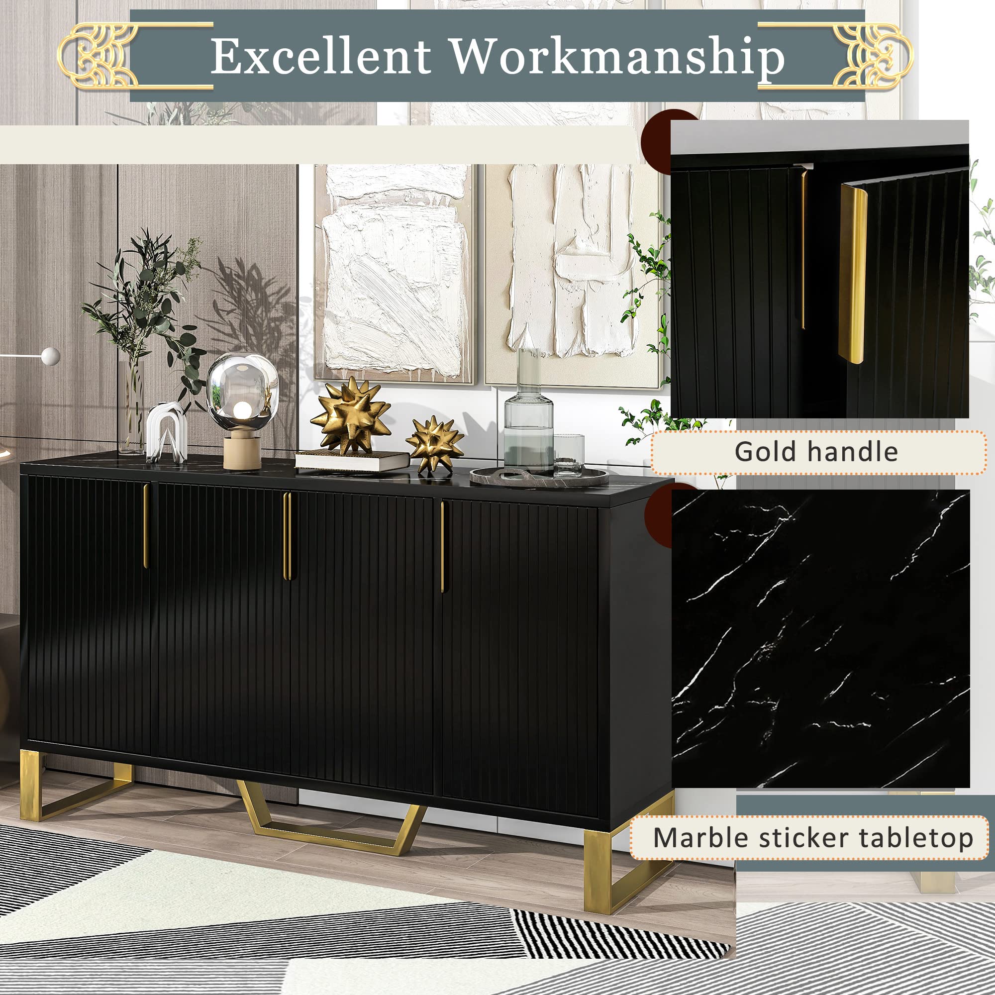 4 Doors (Black) Modern Wood Farmhouse Buffet Sideboard Metal