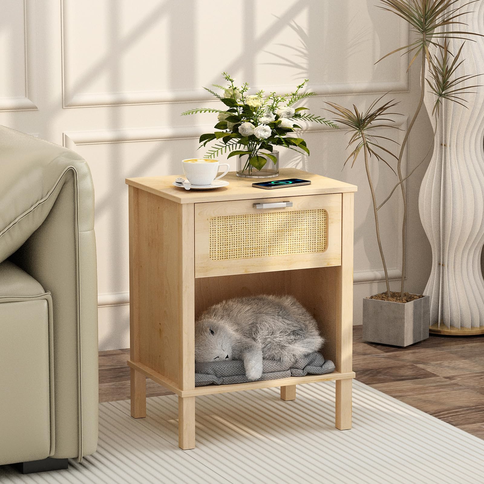 Small Rattan Nightstand, Boho Bedside Table,End Table with Drawer, Rattan Furniture