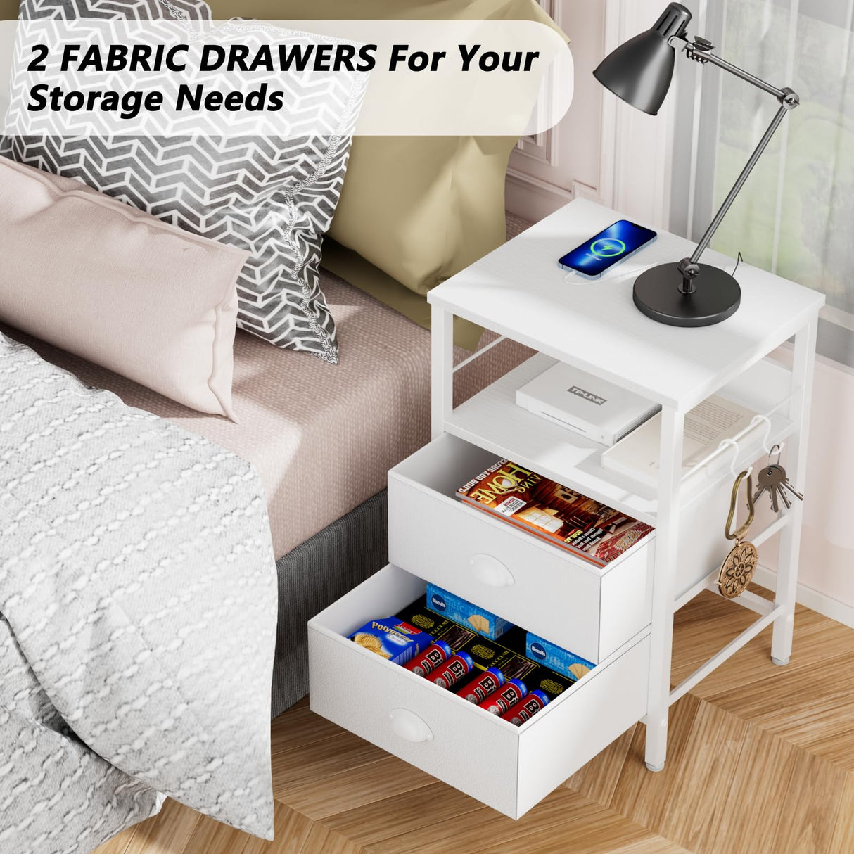 End Table with Charging Station, Nightstand with Fabric Drawers