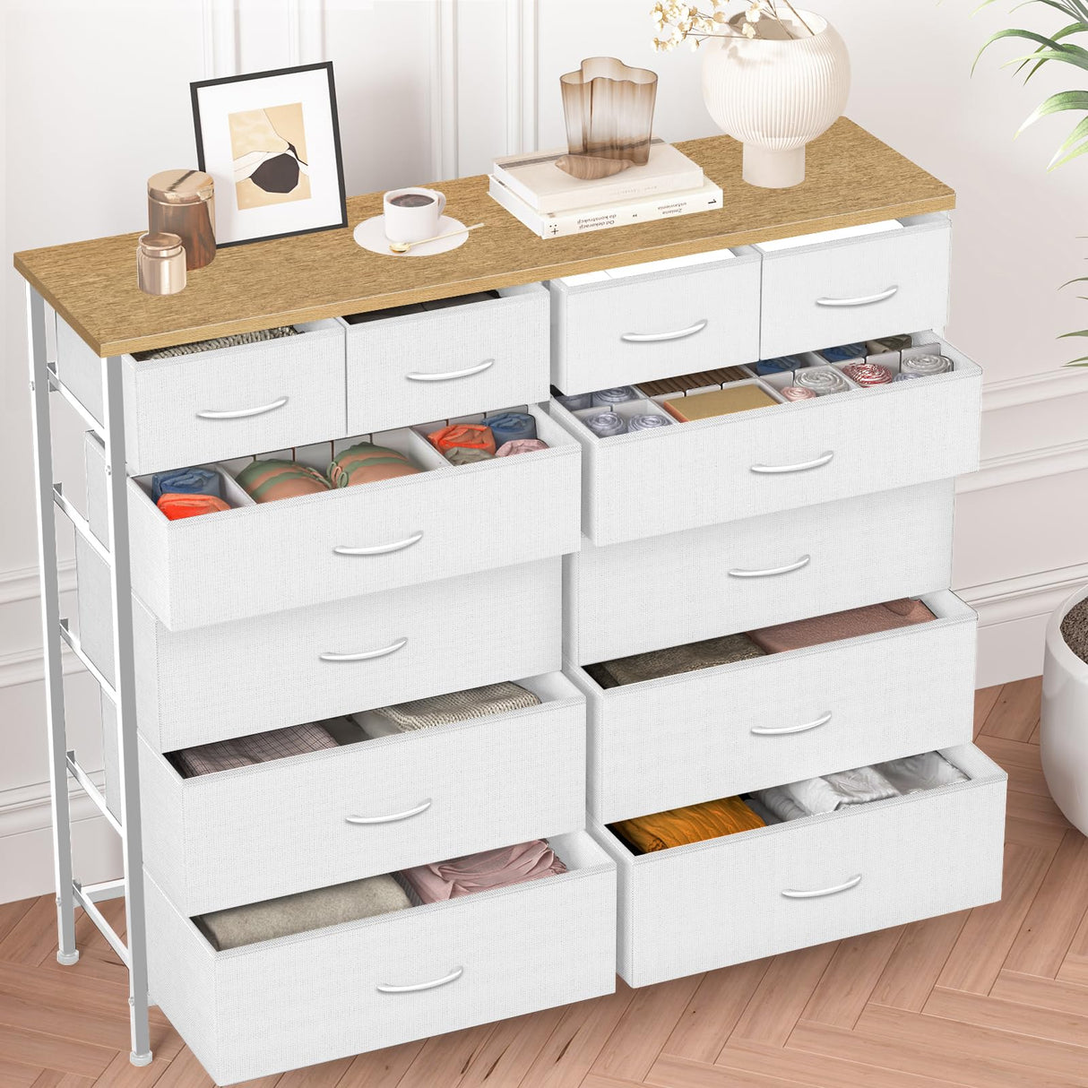 Compact 12 Drawers Dresser for Bedroom, Fabric Storage Tower, Chest of Drawers with Retro Wood Top for Closet, Nursery, Living Room