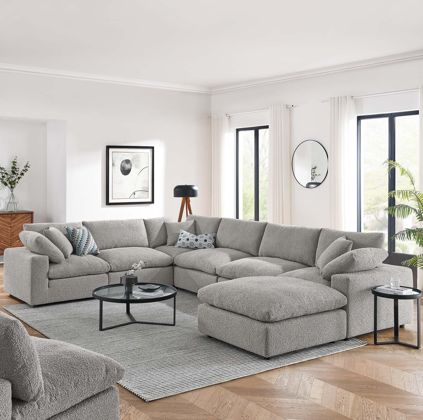 Down-Filled Overstuffed Boucle Fabric 7-Piece Sectional Sofa