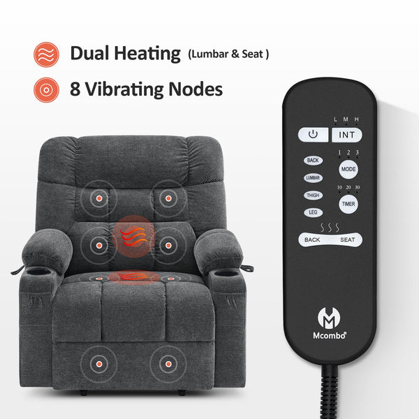 MCombo Dual Motor Power Lift Recliner Chair Sofa with Massage and Dual Heating for Elderly People, Infinite Position, USB&Type-C Ports, Fabric R7070 (Dark Grey, Medium-Wide)