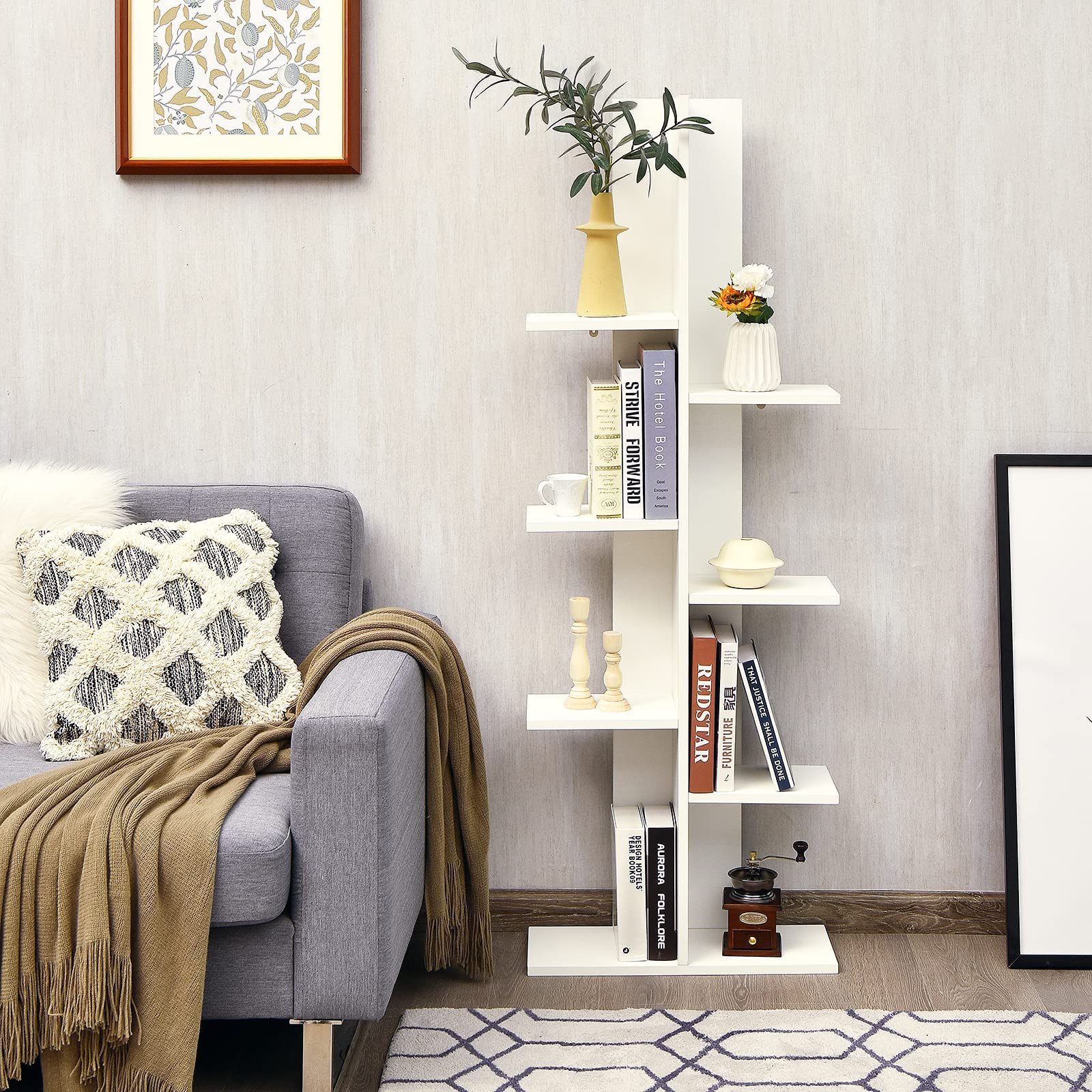 Bookshelf, Wooden Symmetrical Open Bookcase, Artistic Book Organizer