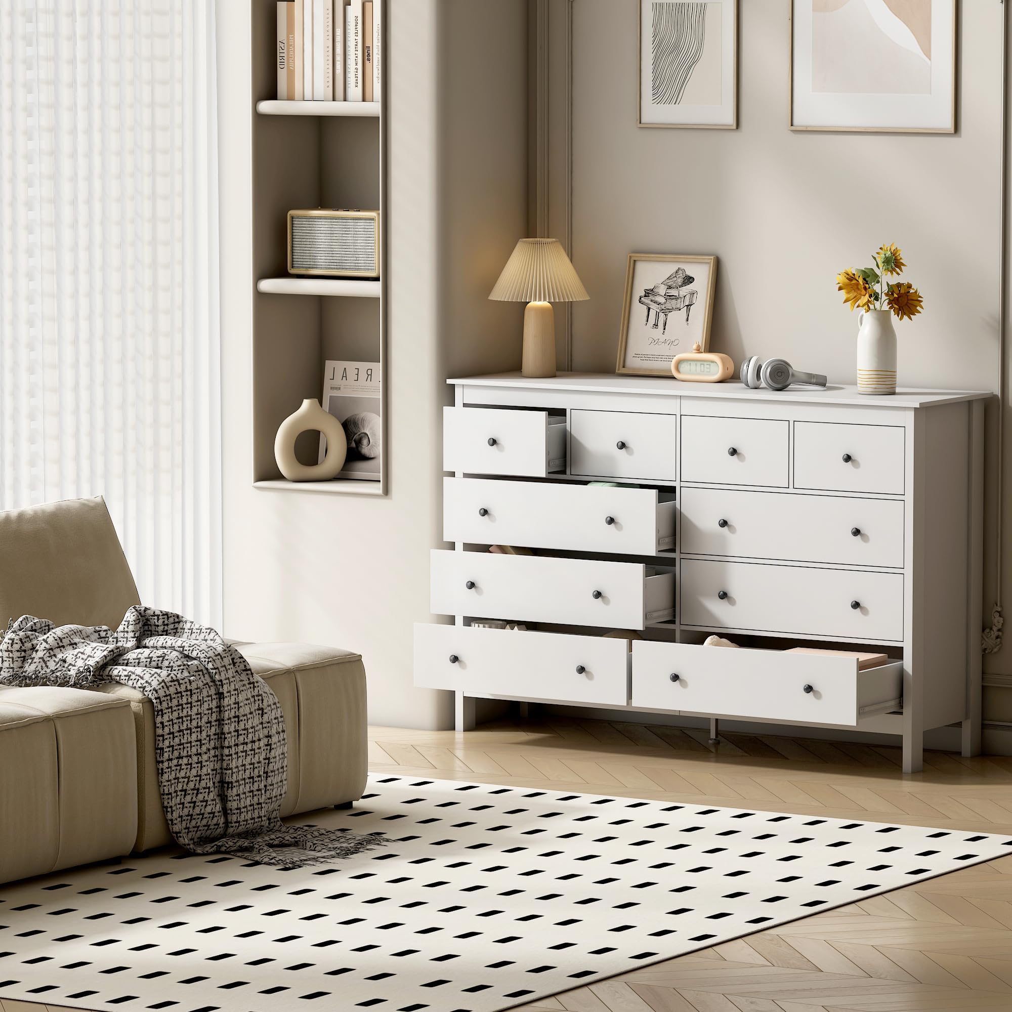 10 Drawer Dresser, 55" Modern White Dresser & Chests of Drawers