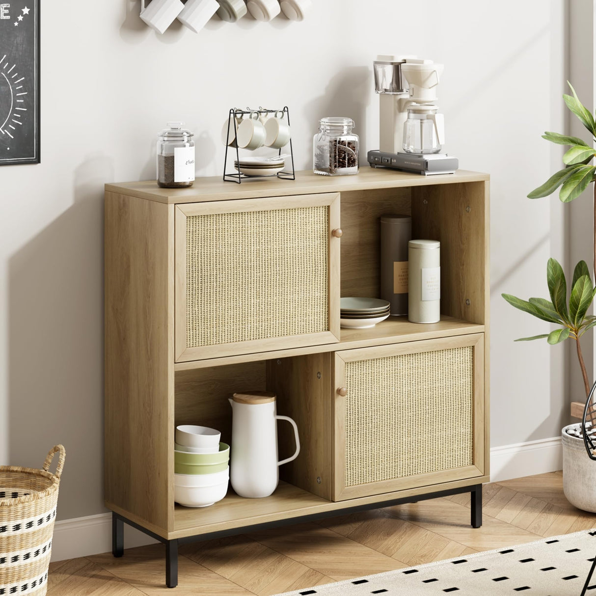 Sideboard Cabinet, Rattan Kitchen Buffet Storage Cabinet with Sliding Door