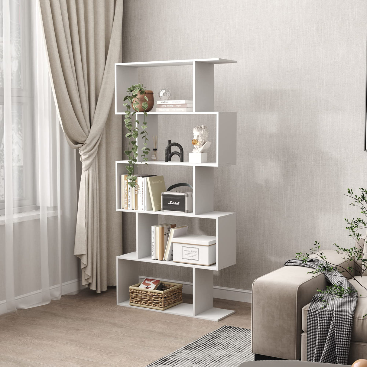 Bookshelf 5-Tier, Geometric Bookcase S Shaped Book Shelves for Bedroom