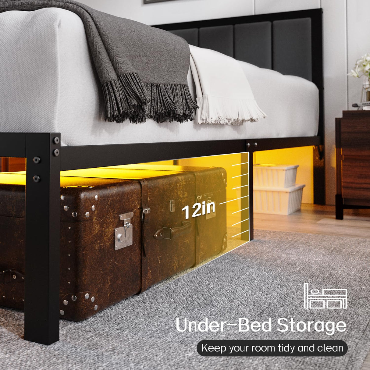 Queen Bed Frame with Headboard, USB Charging & LED Lights