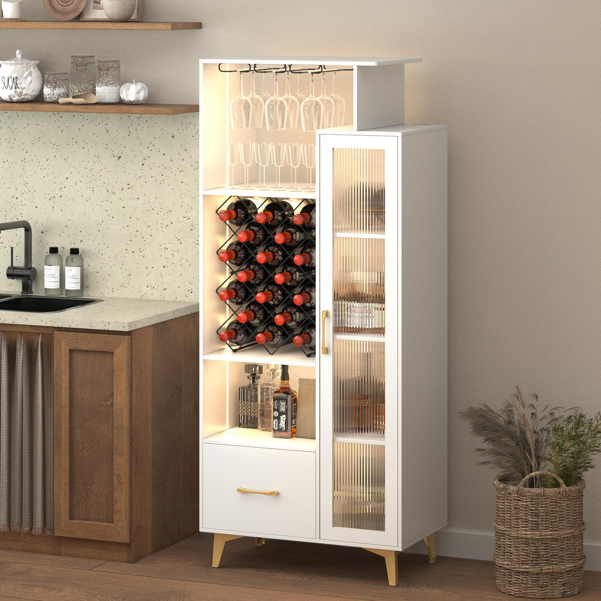 LED Liquor Wine Cabinet, Wine Bar Cabinet with USB Port, Bar Cabinets