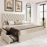 Queen Bed Frame with 4 Storage Drawers,Linen Upholstered Platform Bed Frame