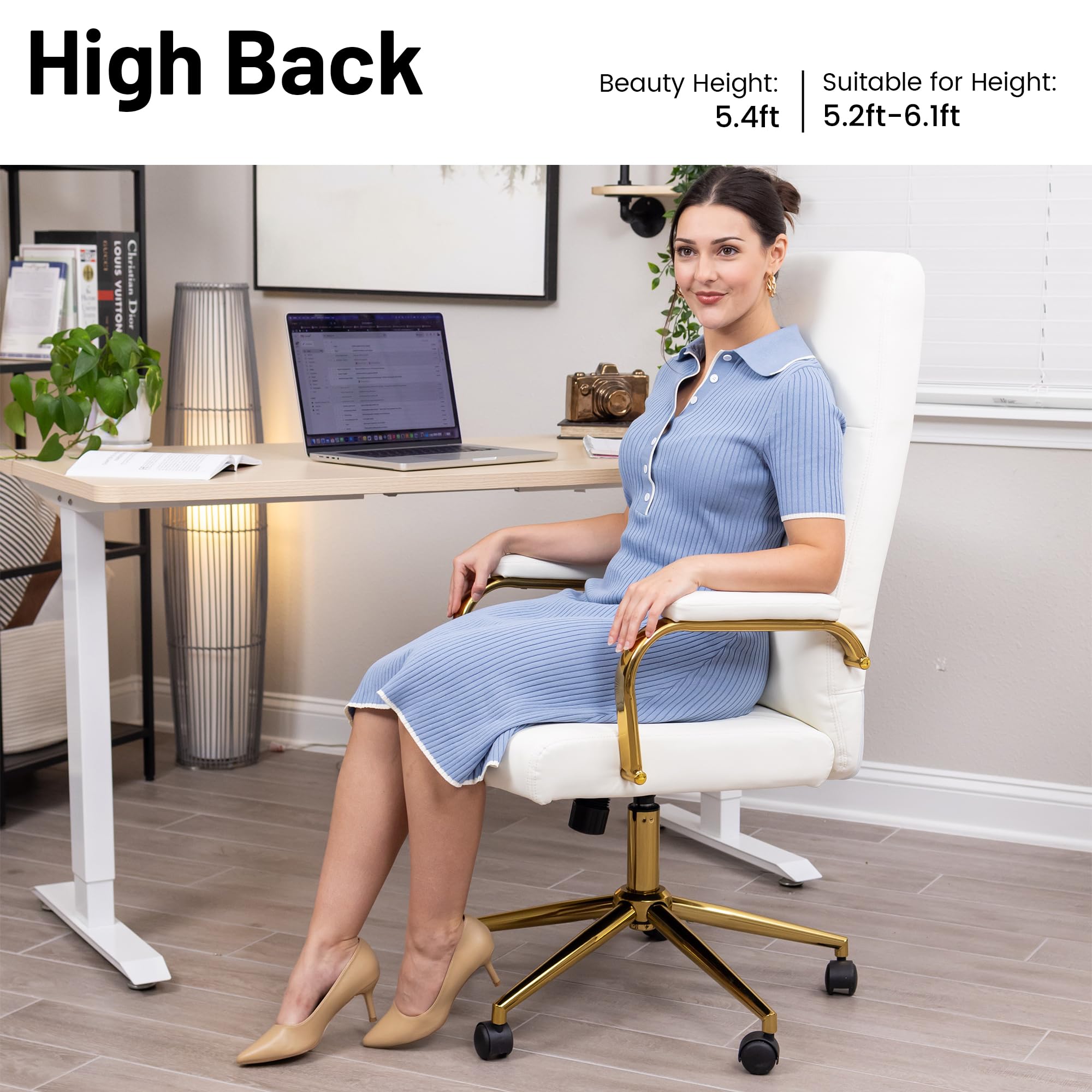 White and Gold Office Chair - Memory Foam High Back Executive Desk Chair