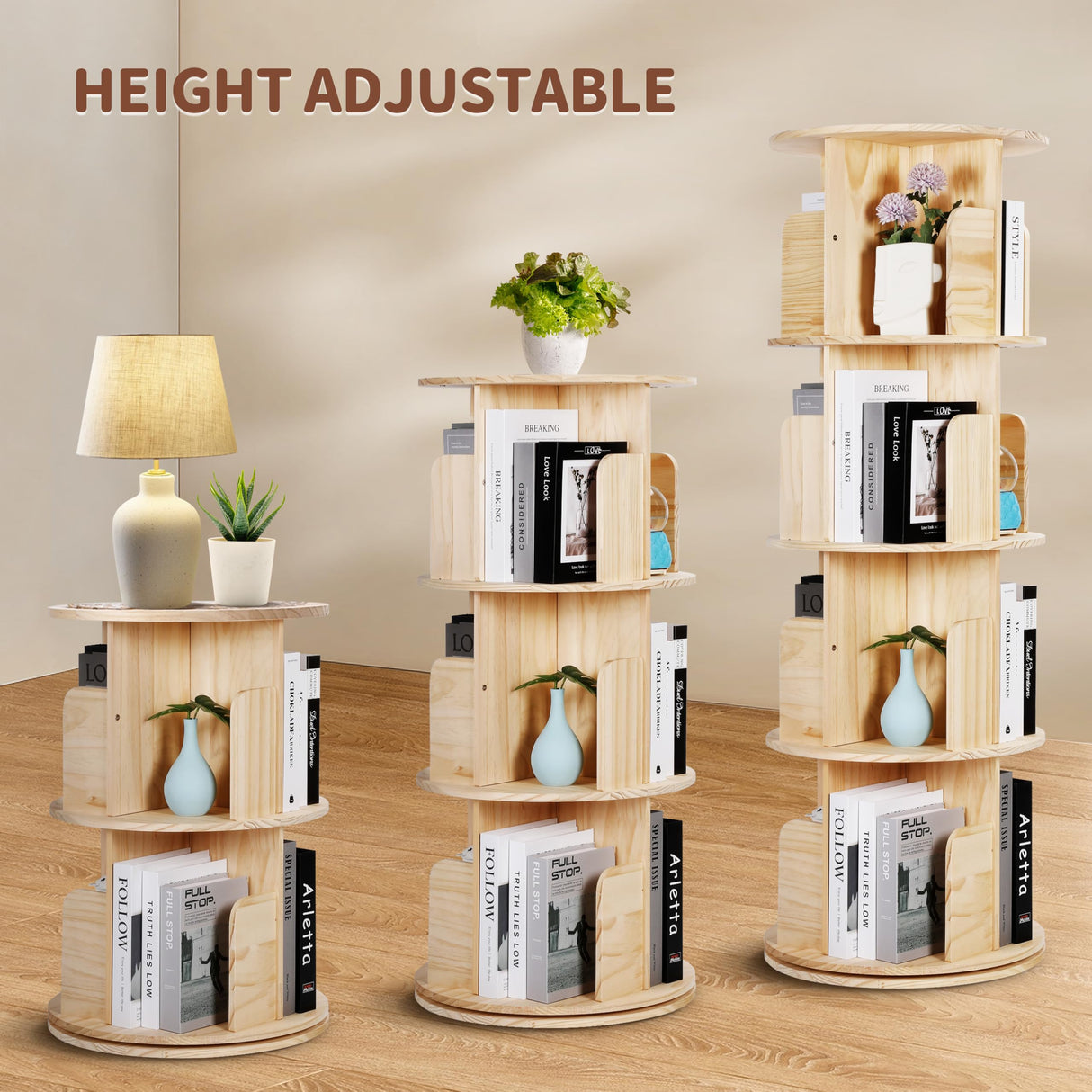 Bookshelf Tower, 4 Tiers Floor Standing Bookcase Storage Rack, 360 Display Round