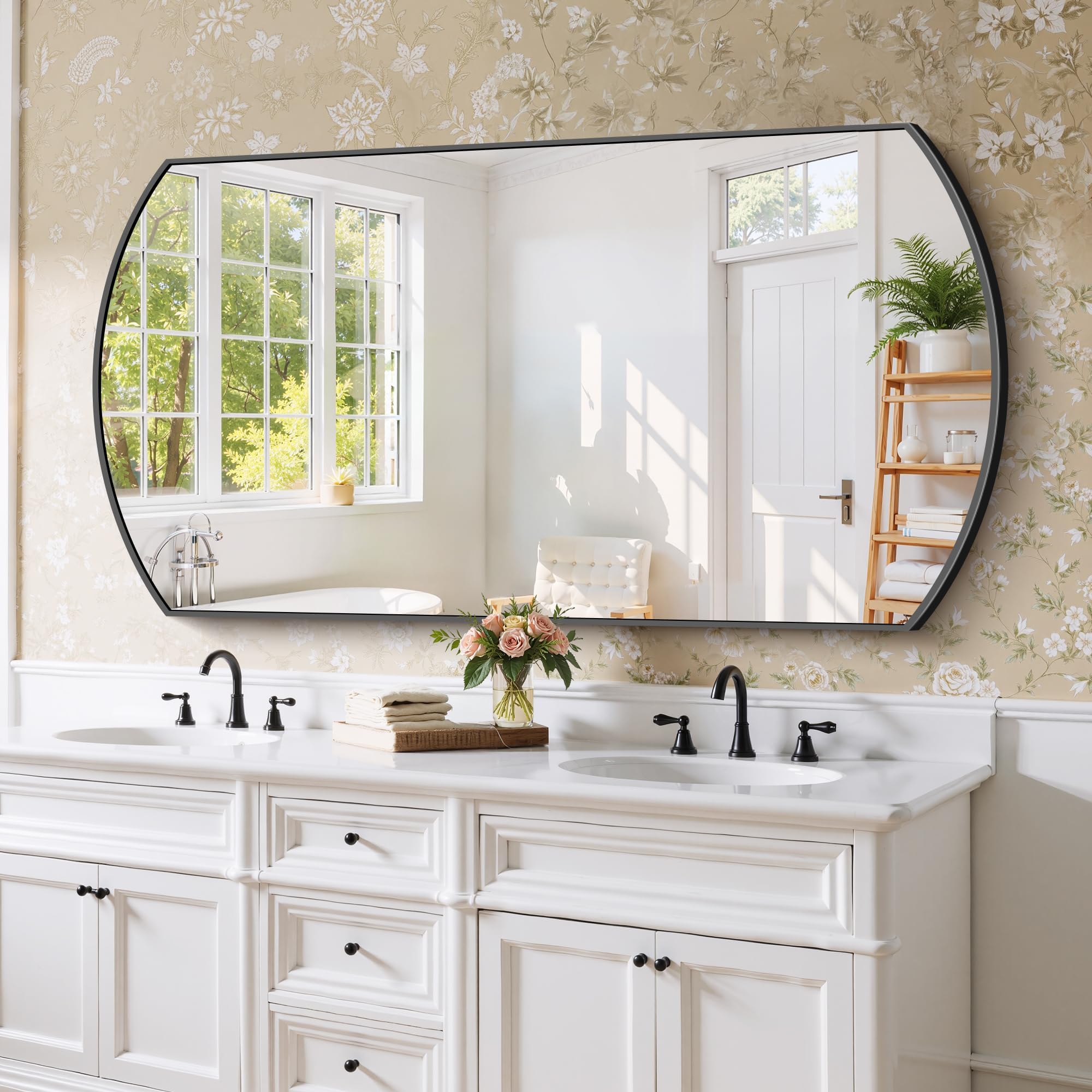 30x55 Inch Black Oval Bathroom Mirror with Thin Metal Frame