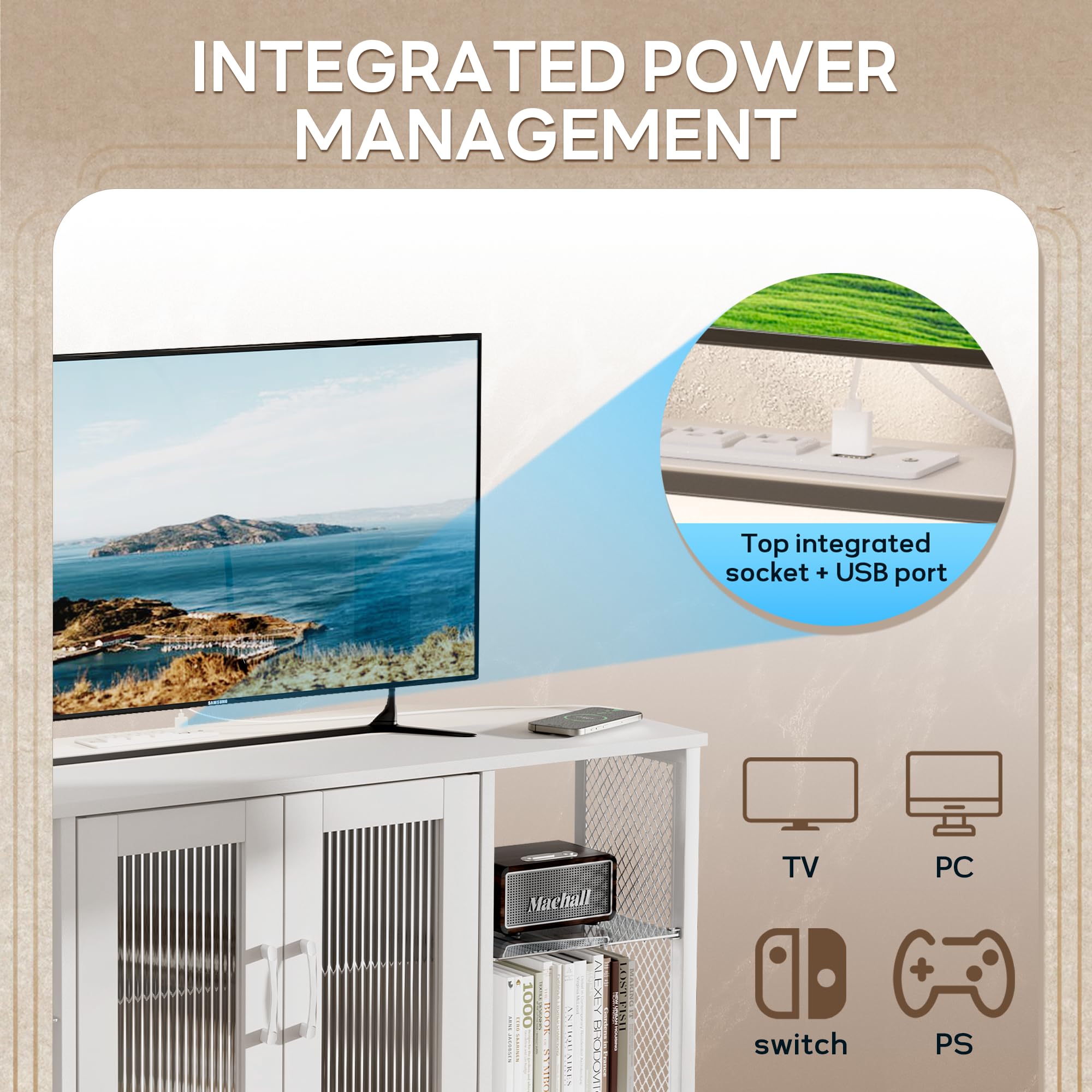 46-Inch TV Stand with LED Lights & Glass Storage