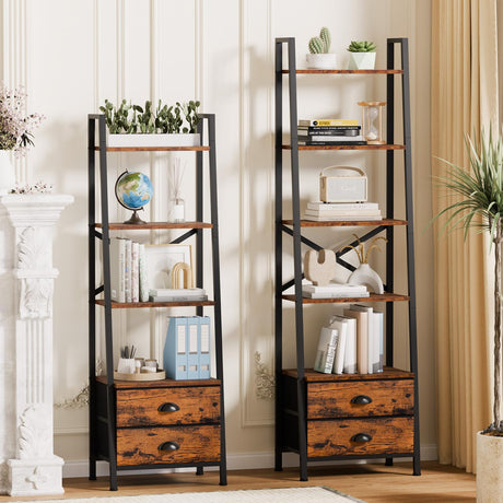 5-Tier Ladder Shelf with 2 Drawers,Narrow Bookshelf Storage Shelves,Industrial Bookcase Freestanding Shelf Units for Bedroom,Living Room,Bathroom,Home Office,Balcony,Wood Metal,Rustic Brown