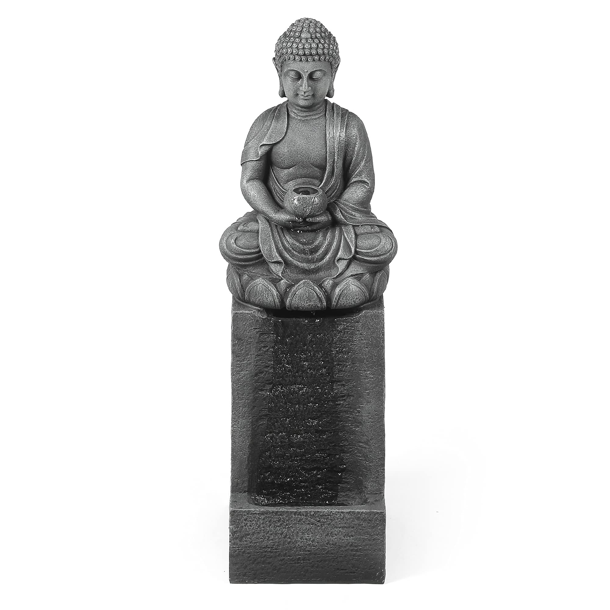 35 Inch Buddha Outdoor Water Fountain, Resin Meditating Buddha Outdoor Fountain