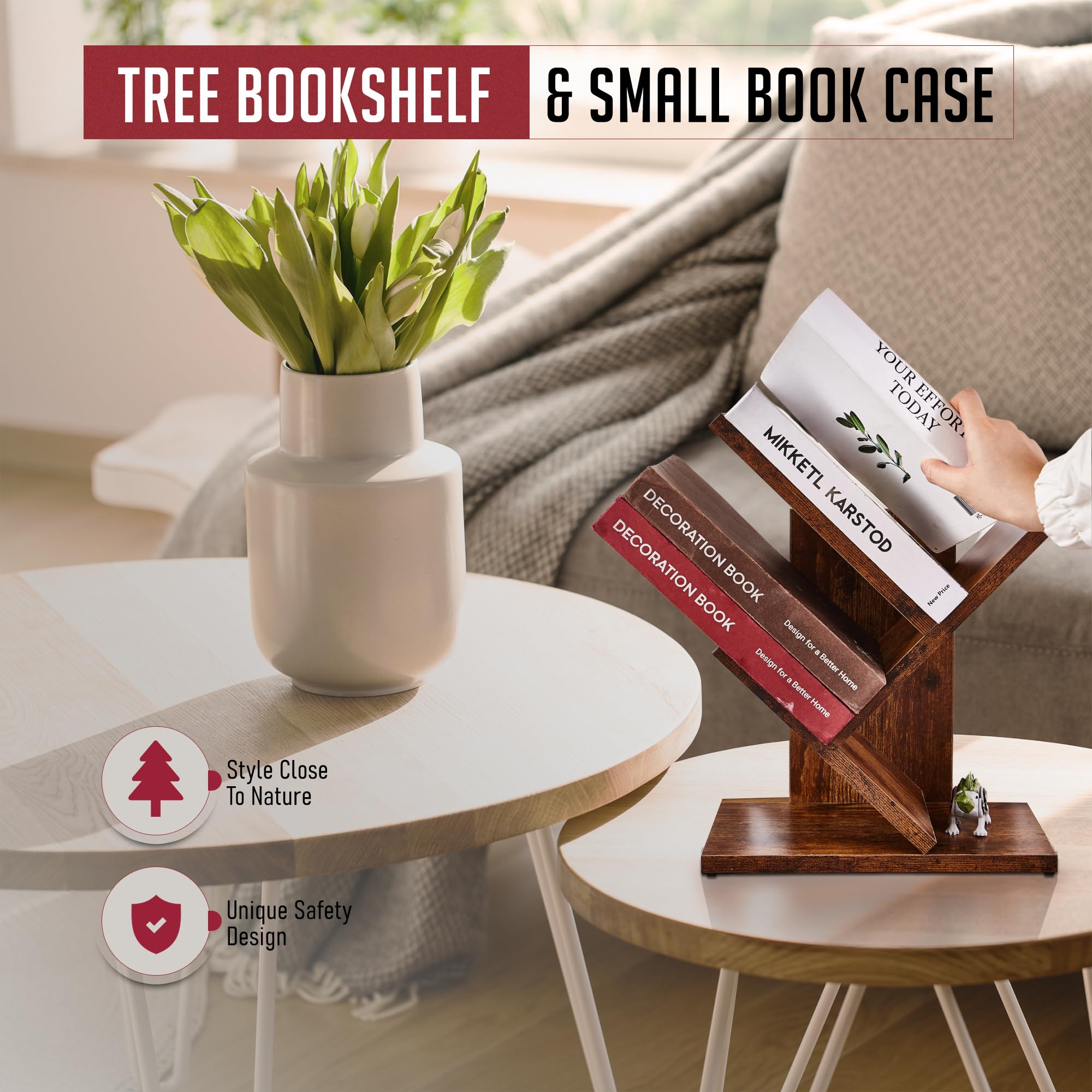 3-Tier Small Tree Bookshelf - Narrow Wooden Floor Standing Bookcase for Small Spaces - Modern Book Shelf Organizer for Bedroom, Living Room, Home Office, Corner, Thin Rustic Brown Bookshelves