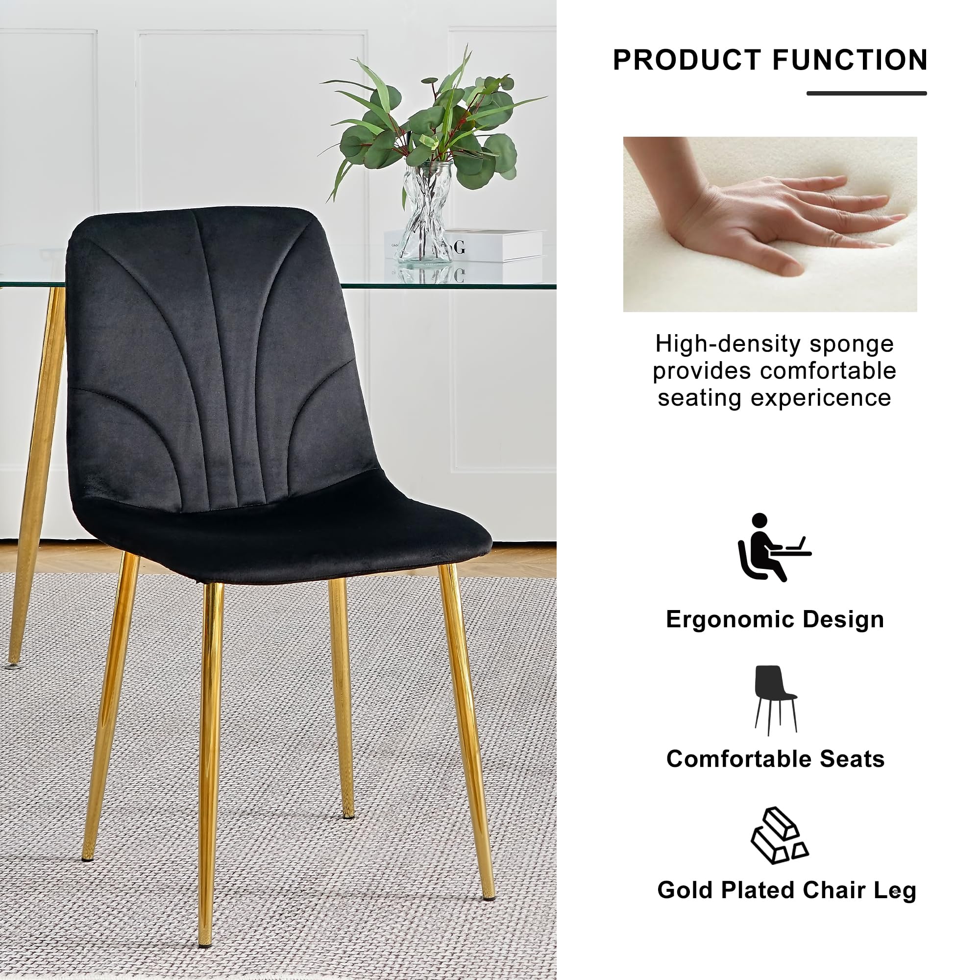 RGZ Dining Chairs Set of 4, Mid Century Modern Dining Room Chairs, Upholstered Dining Chair with Wide Seat & Metal Legs for Dining Room, Living Room, Kitchen (Velvet Fabric, Black)