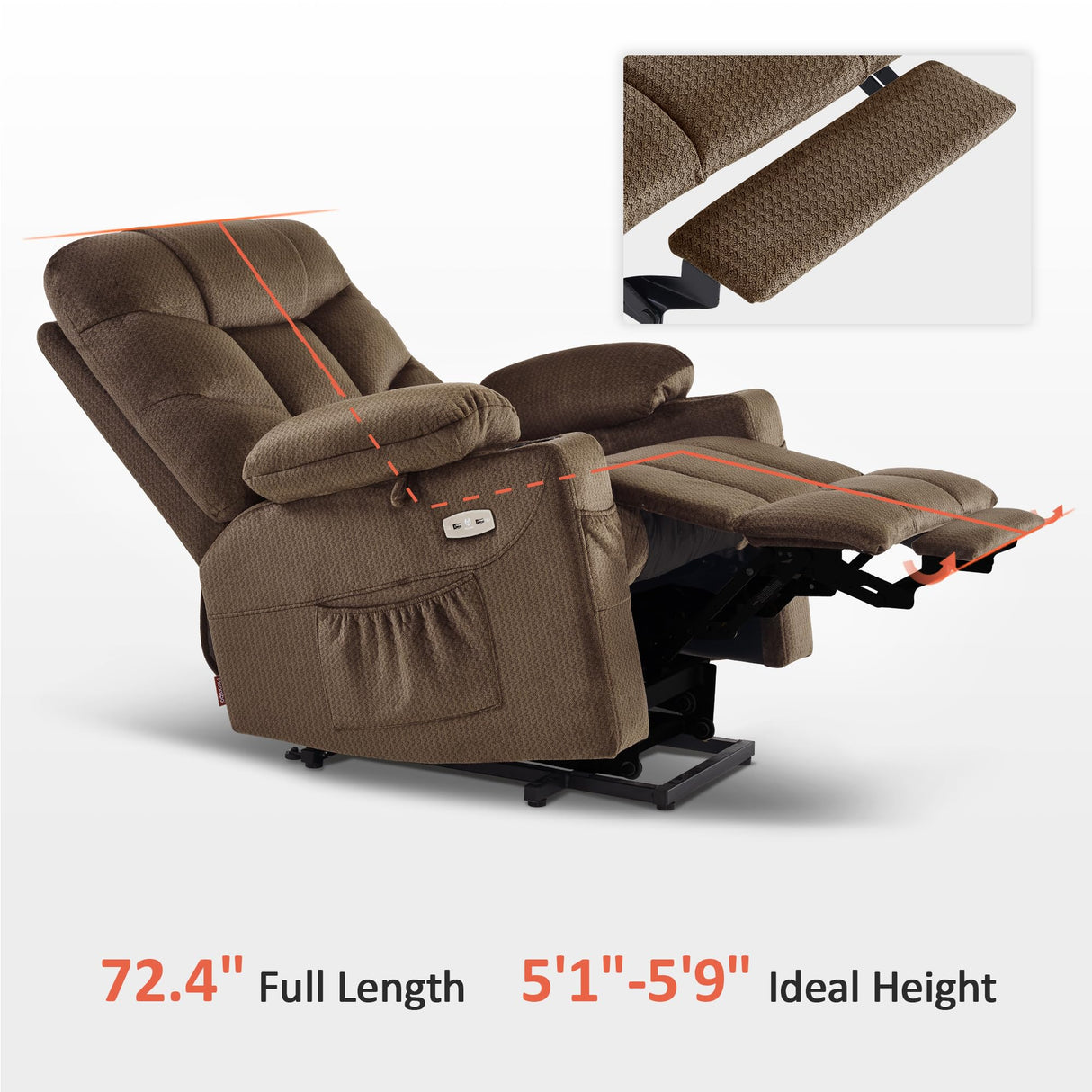 Power Lift Recliner Chair with Extended Footrest, 2 Cup Holders, USB Ports for Elderly People, Fabric 7286 (Mocha, Regular)