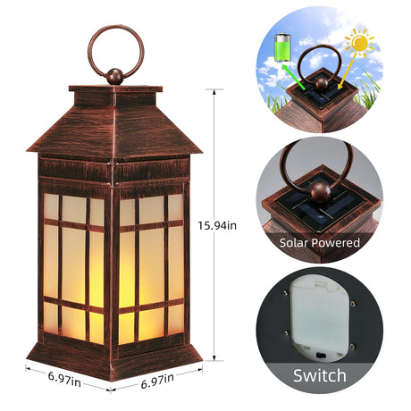 anyperfect 16'' Glass Solar Lantern Outdoor Waterproof, Hanging Lanterns Solar with Flickering Flame Lights Decorative Metal Lantern for Patio Front Porch Garden Backyard Outside Table, Vintage Copper