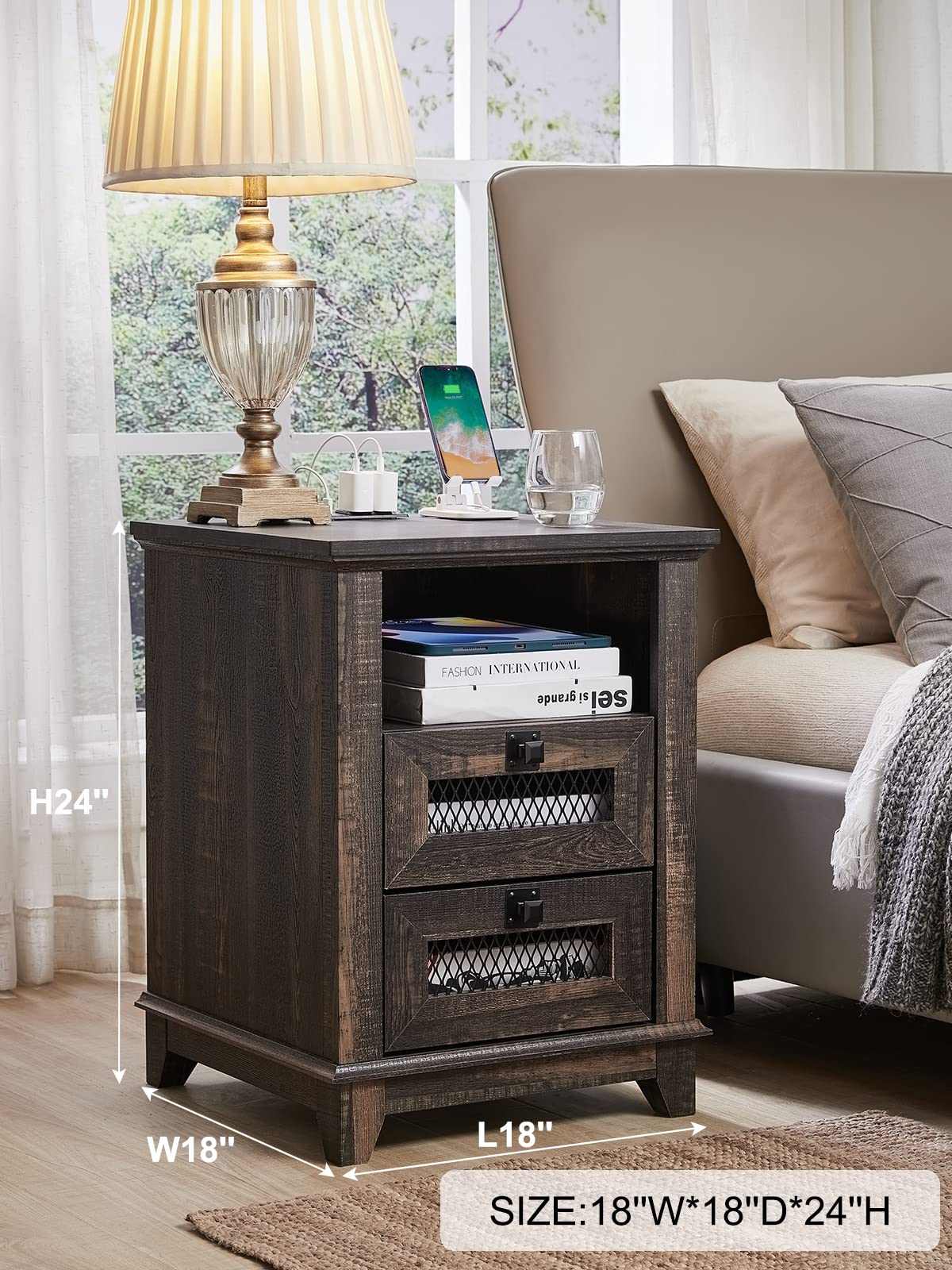 Nightstand with Charging Station, 18'' Industrial & Farmhouse End Table