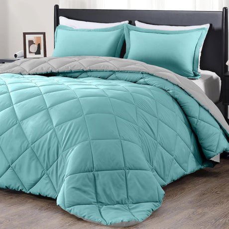 Pintuck Queen Comforter Set with 2 Pillow Shams - 3-Piece - Crystal Teal Queen Bed