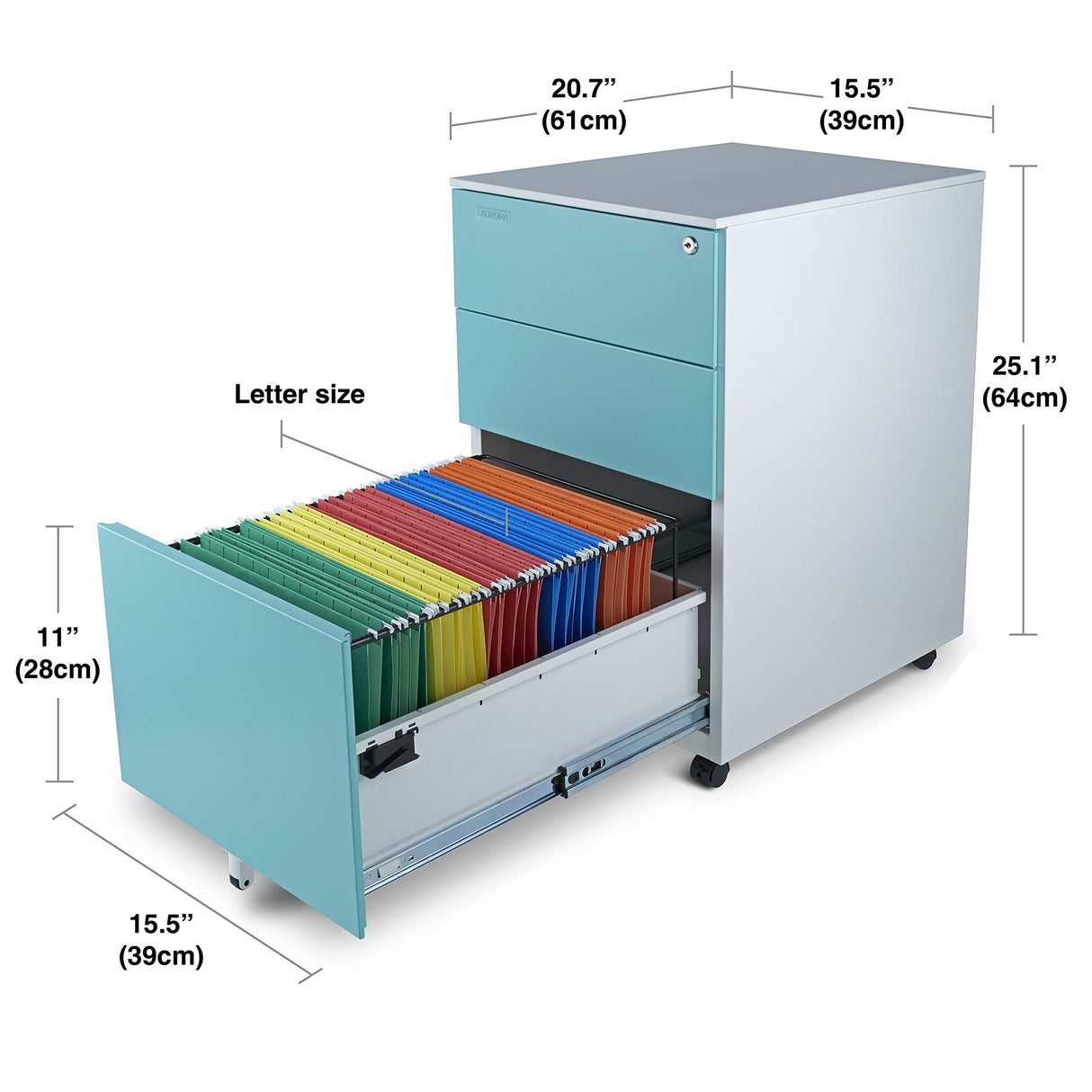 Mobile File Cabinet 3-Drawer Metal with Lock Key Sliding Drawer, White/Aqua Blue