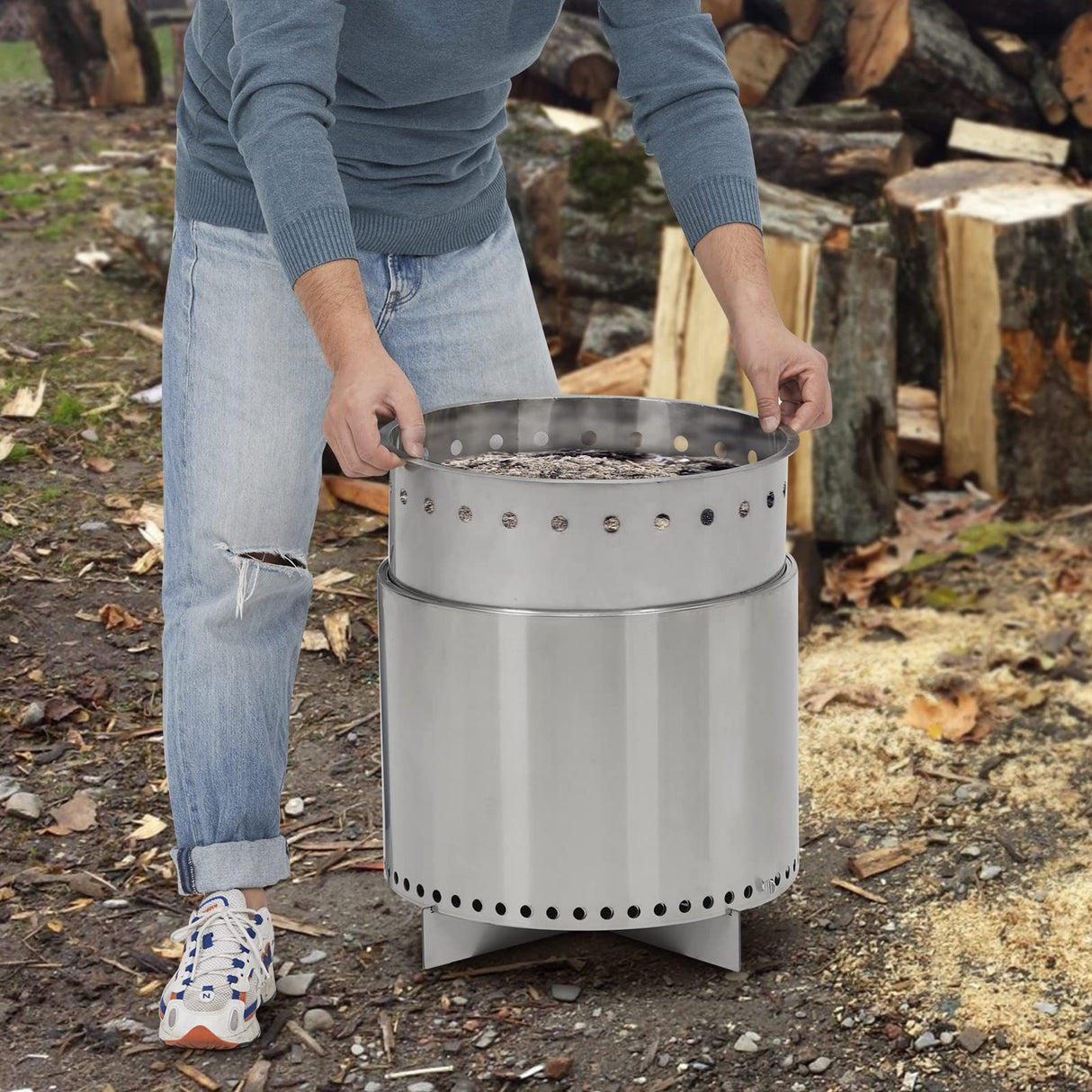 Smokeless Fire Pit with Air Switch16.5, Wood Burning Portable Stainless Steel Outdoor Firepit with Removable Stand and Ash Pan, Ideal for Camping for Backyard Patio and Picnic, H: 11.5 in, 13.22 lbs - Bircata
