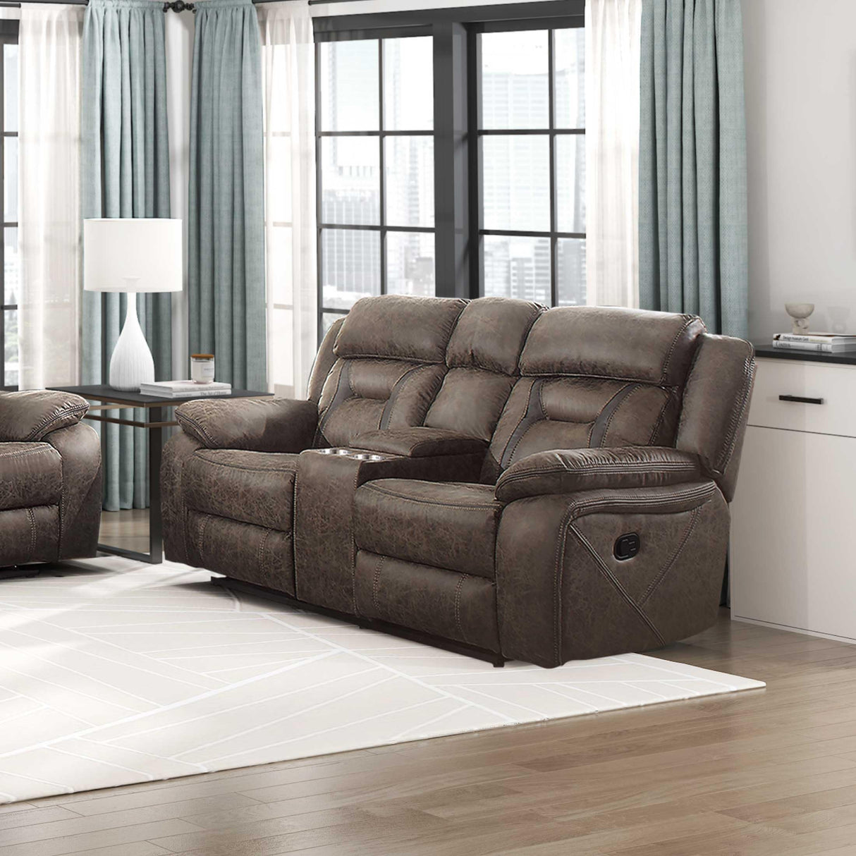 Reclining Loveseat, Polished Microfiber Manual Double Recliner Loveseat with Center Console, Dark Brown