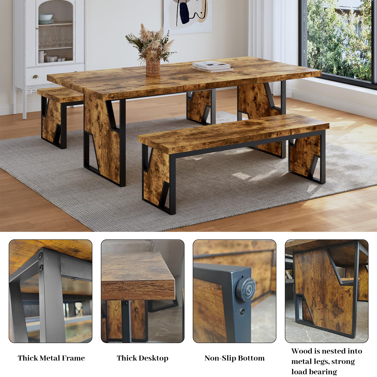 70.8" Wooden Dining Table Set with 2 Benches